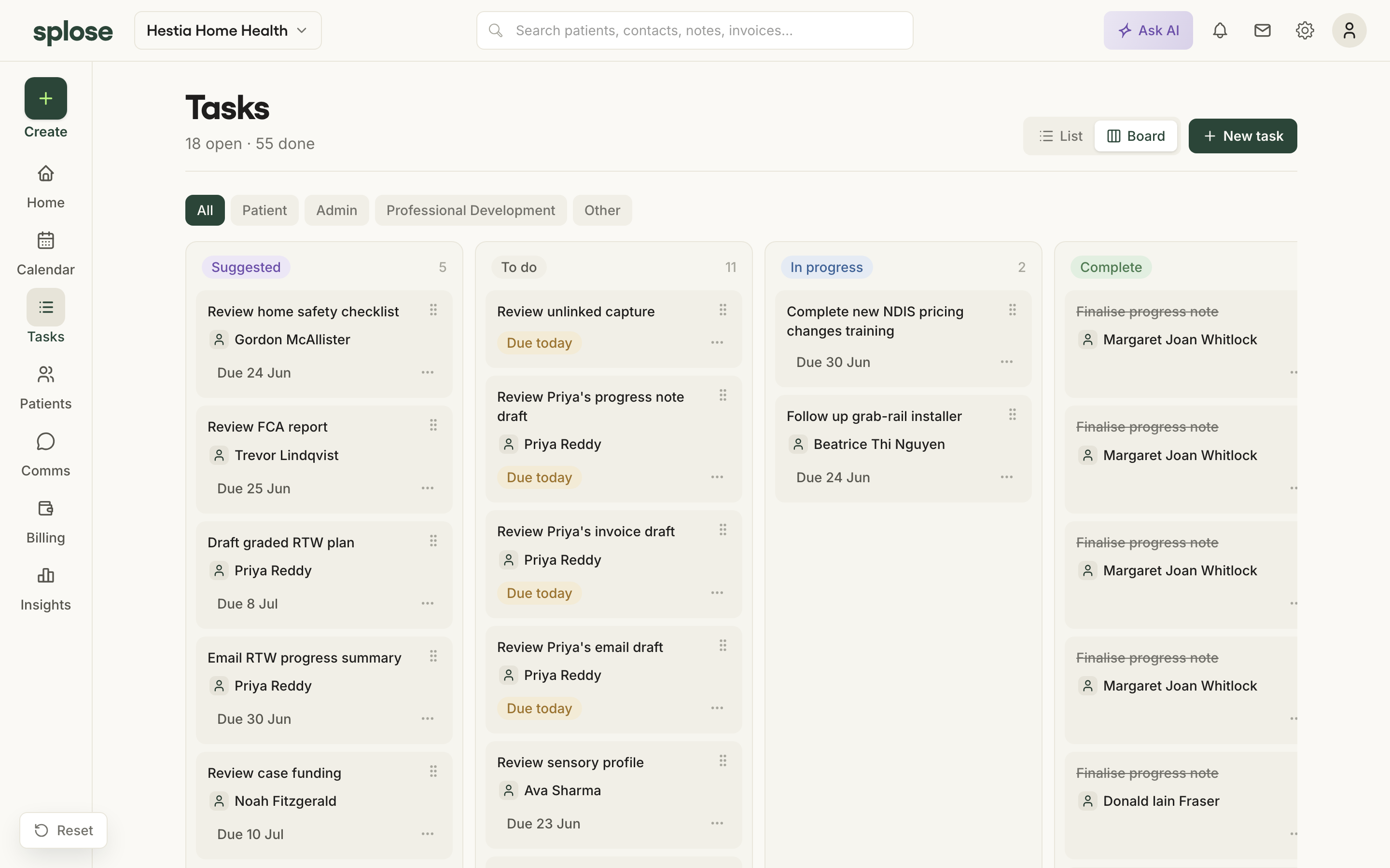 The tasks board in the prototype